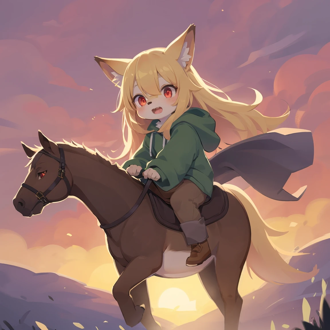loli the fox, , was hairy, shaggy, skin fur, smooth lashes, golden fur, forelimb hands, straight long blonde hair, solid circle eyes, golden ears, golden fur, golden facial fur, shiny hair, red eyes, super cute face, 1fox tail, fluffy tail, furry tail, glowing eyes, green coat green hood down, brown trousers, riding white horse, open mouth, embarrassed, ambient light, ultra-fine fur, dashed eyes, full body, masterpiece, high quality, high-details, best quality, wide short, (((solo))), twilight, sun light, red sky, rim light