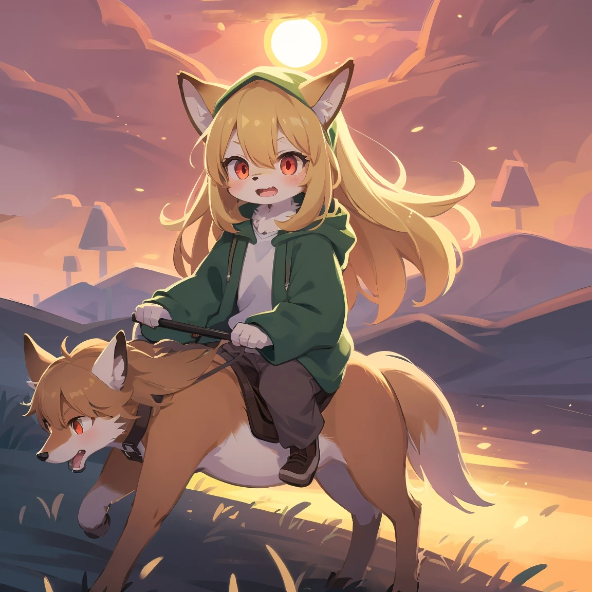 the fox, , was hairy, shaggy, skin fur, smooth lashes, golden fur, forelimb hands, straight long blonde hair, solid circle eyes, golden ears, golden fur, golden facial fur, shiny hair, red eyes, super cute face, 1fox tail, fluffy tail, furry tail, glowing eyes, green coat green hood down, brown trousers, riding white horse, open mouth, embarrassed, ambient light, ultra-fine fur, dashed eyes, full body, masterpiece, high quality, high-details, best quality, wide short, (((solo))), twilight, sun light, red sky, rim light
