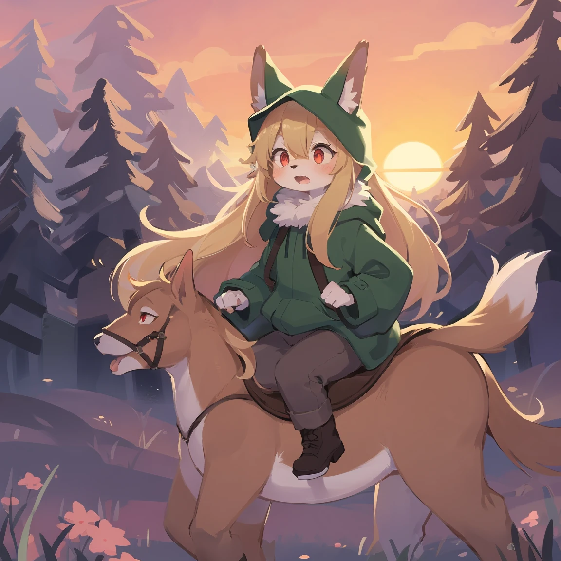 loli the fox, , was hairy, shaggy, skin fur, smooth lashes, golden fur, forelimb hands, straight long blonde hair, solid circle eyes, golden ears, golden fur, golden facial fur, shiny hair, red eyes, super cute face, 1fox tail, fluffy tail, furry tail, glowing eyes, green coat green hood down, brown trousers, riding white horse, open mouth, embarrassed, ambient light, ultra-fine fur, dashed eyes, full body, masterpiece, high quality, high-details, best quality, wide short, (((solo))), twilight, sun light, red sky, rim light