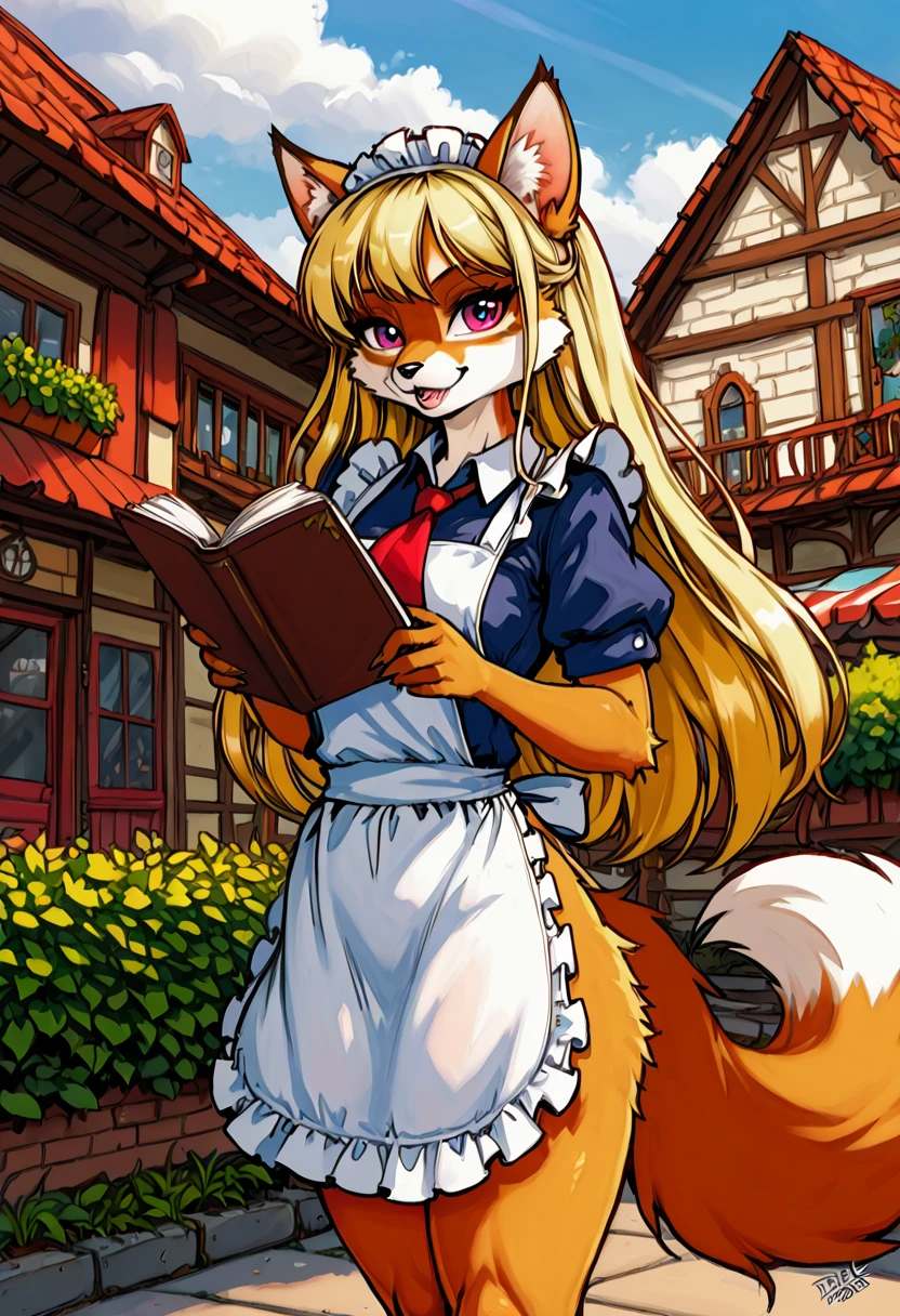 solo,masterpiece, 8k,best quality ,furry girl,8k,hdr,hires,high detail fur,
outdoors,servalcat,holding_book
perfect anatomy,blonde,long hair,look at looking at viewer,(white apron:1.1),red neckchief
