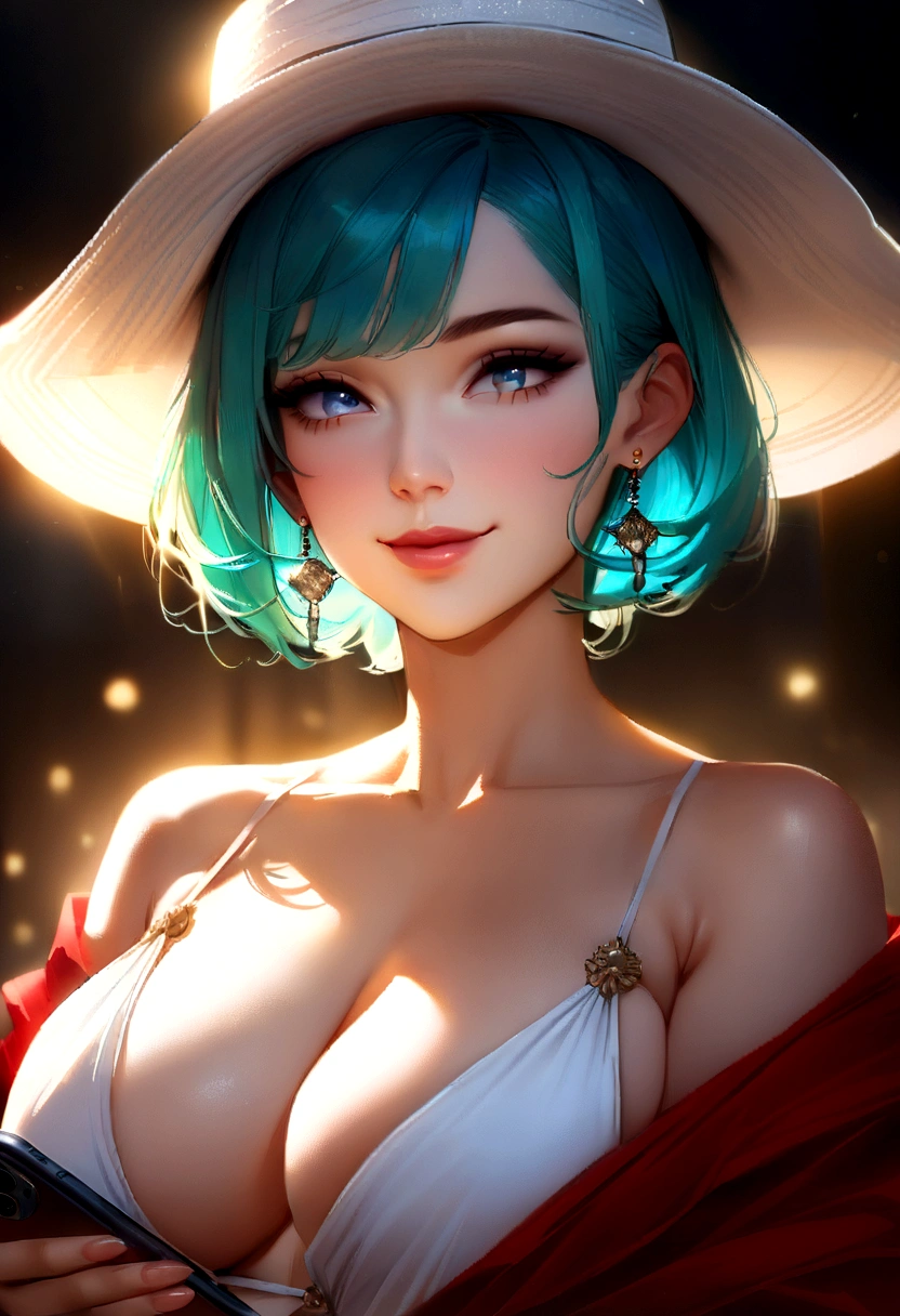 masterpiece, Highest quality, Highest quality, (Perfect lighting:1.4), (Realistic), Perfect Anatomy, Perfect Face, Perfect Eyes, Bullbz Red Dress, Aqua Hair, short hair, blue eyes, Earrings,White dress　Smiling and looking at her smartphone　Smartphone addiction　Big Breasts　White wide-brimmed hat