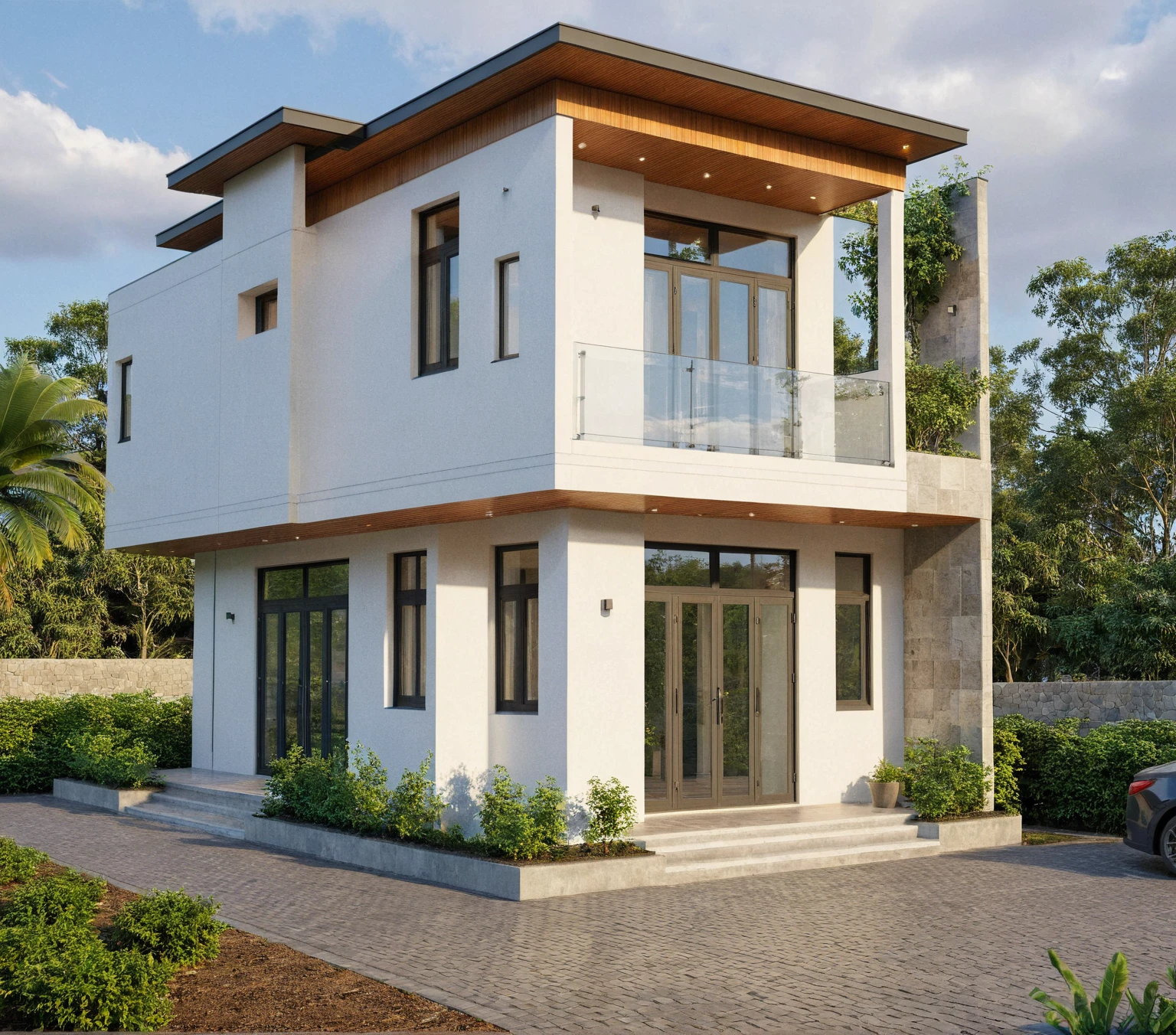 Raw photo,Masterpiece, high quality, best quality, authentic, super detail,
exterior, outdoors, house style modern on the street, glass windows, wooden ceiling,
road, pavement, trees, sky, cloud, (daylight:1.1), gray wall, stone wall,