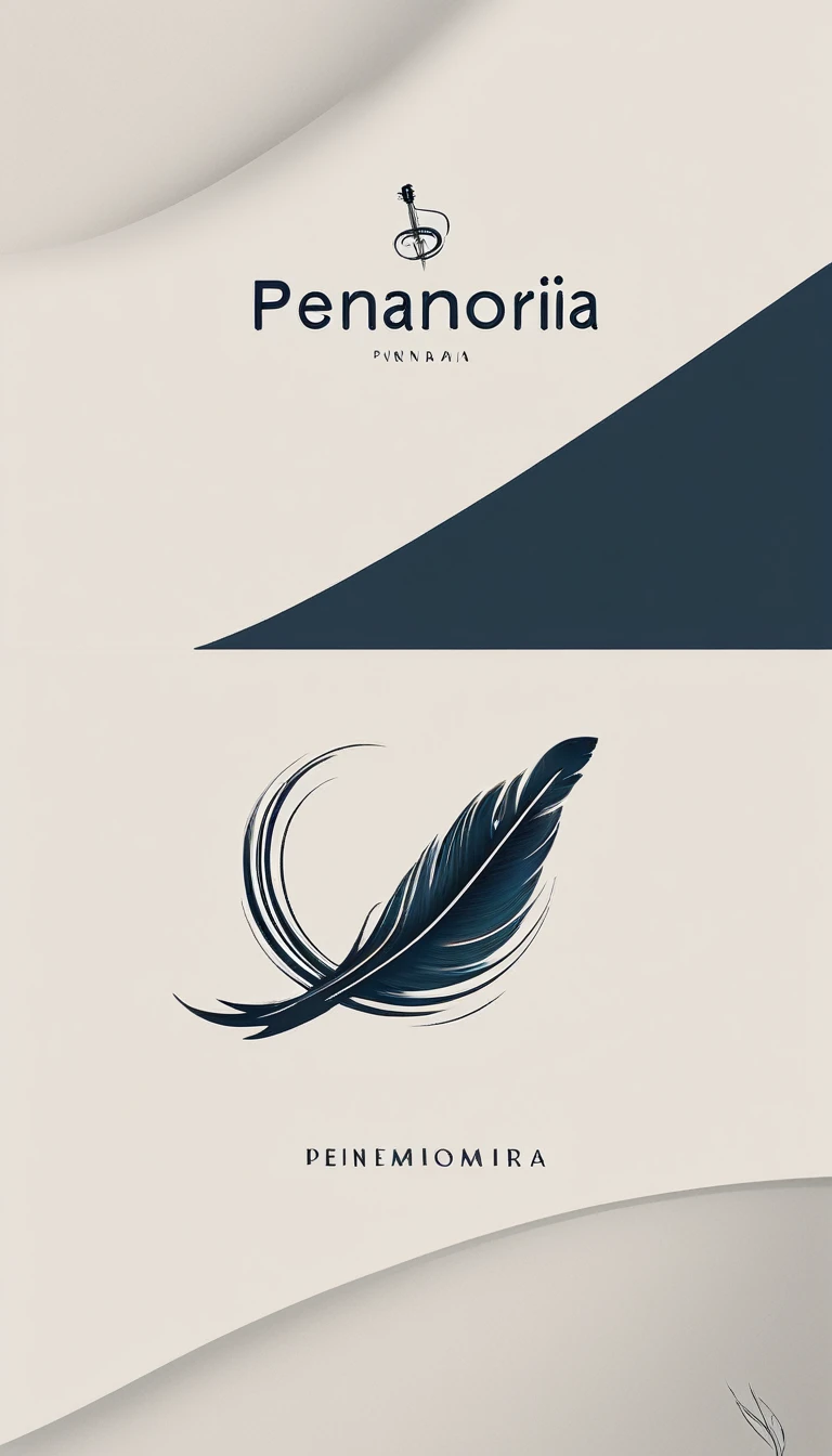 A minimal, modern, simple, cinematic logotype for the brand “Penamemoria". The logotype must be a simple, magical feather and a boy playing acoustic guitar. The logo must convey a sense of music, stories and dreams. Logo design impressed on a book cover. Minimalistic logo