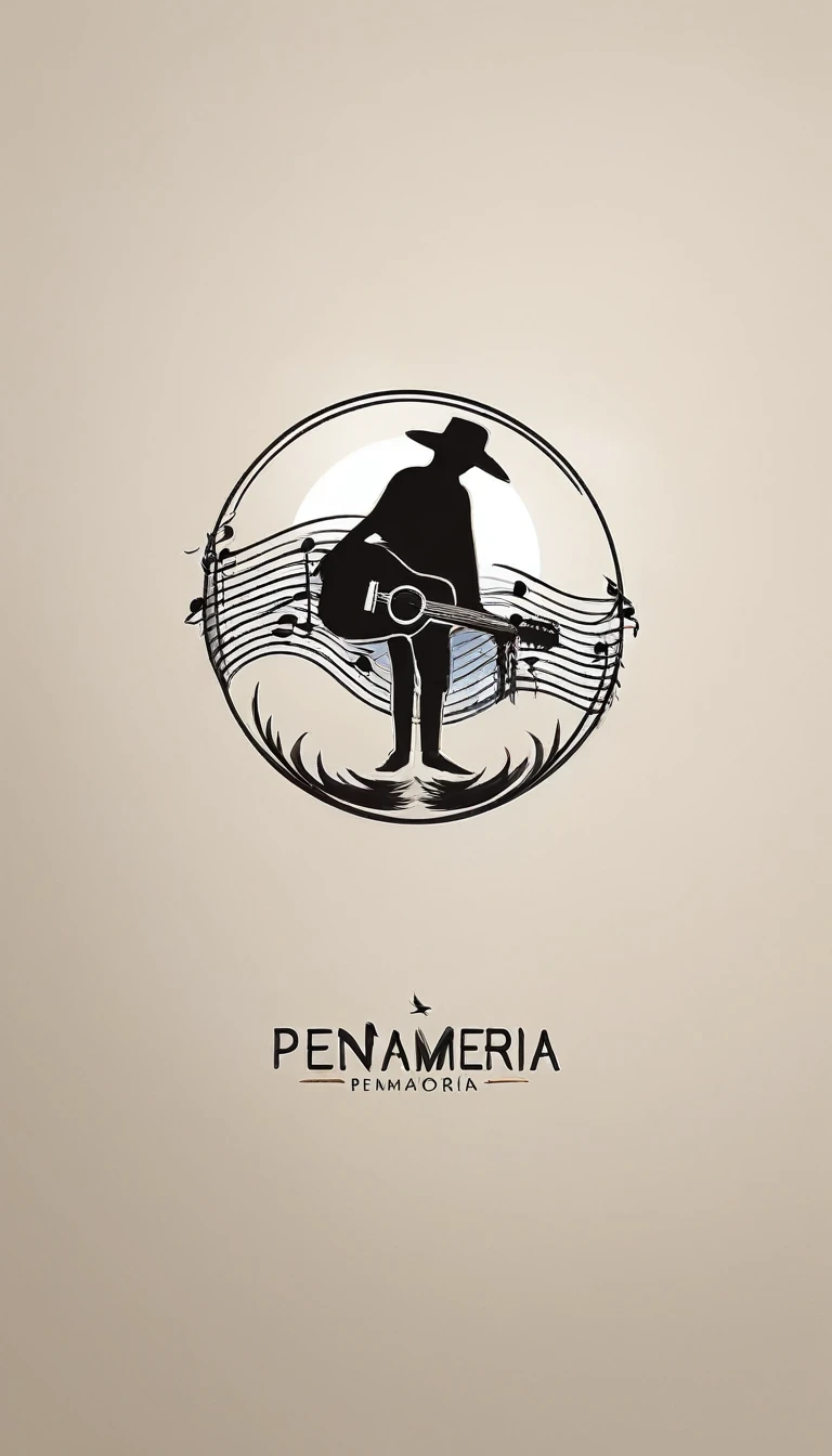 A minimal, modern, simple, cinematic logotype for the brand “Penamemoria". The logotype must be a simple, magical feather and a boy playing acoustic guitar. The logo must convey a sense of music, stories and dreams. Logo design impressed on a book cover. Minimalistic logo
