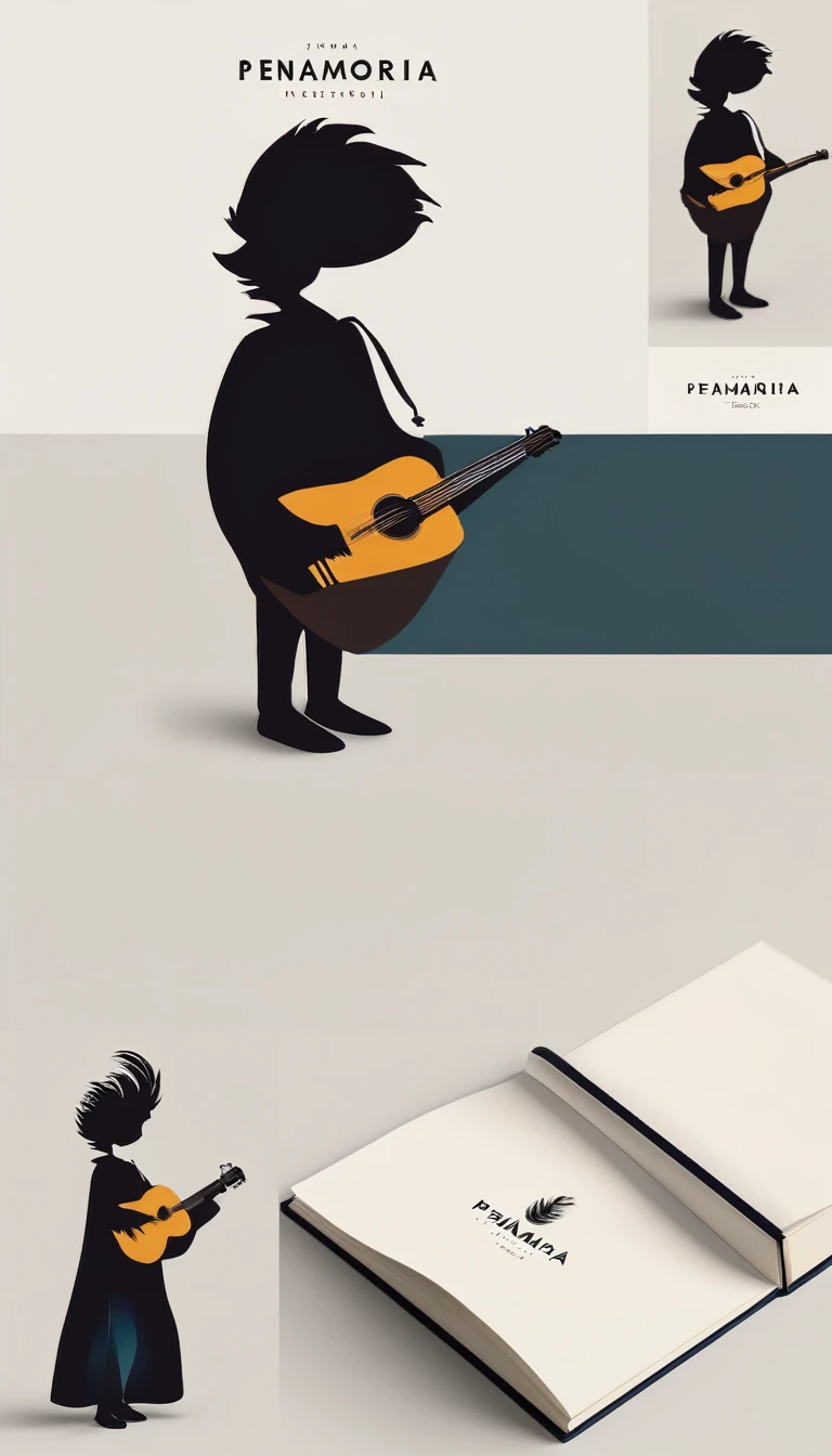 A minimal, modern, simple, cinematic logotype for the brand “Penamemoria". The logotype must be a simple, magical feather and a boy playing acoustic guitar. The logo must convey a sense of music, stories and dreams. Logo design impressed on a book cover. Minimalistic logo
