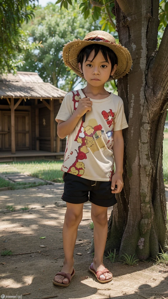 a 3  boy with straw hat on standing in front of a tree,  pick one nose, monkey d luffy, monkey d. luffy, luffy, luffy (one piece, luffy from one piece, eiichiro oda style, inspired by Eiichiro Oda, from one piece, one piece style, style of eiichiro oda, one piece, 