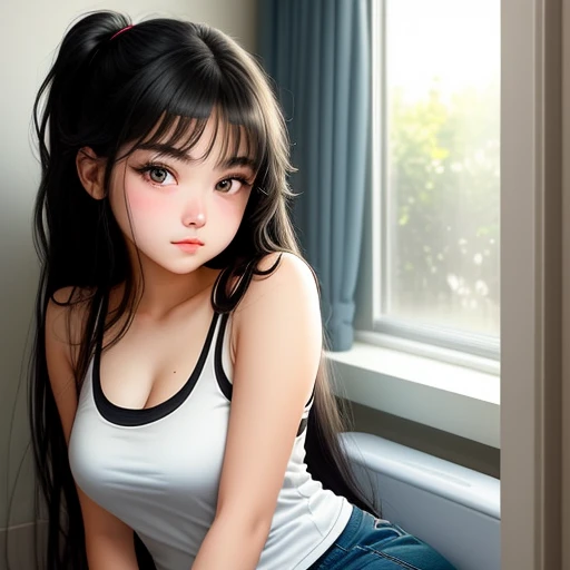 Cute 18-year-old girl, god, Short Girl, A slim body, Revealing clothing, Cute clothes, skimpy clothes, detailed face, beautiful eyes, long eyelashes, cute expression, Minimalist interior, dark-toned interior,  photorealistic, 4K, high quality,  hairstyle two ponytails, Short skirt, sneakers, sitting on the floor,  full view,  