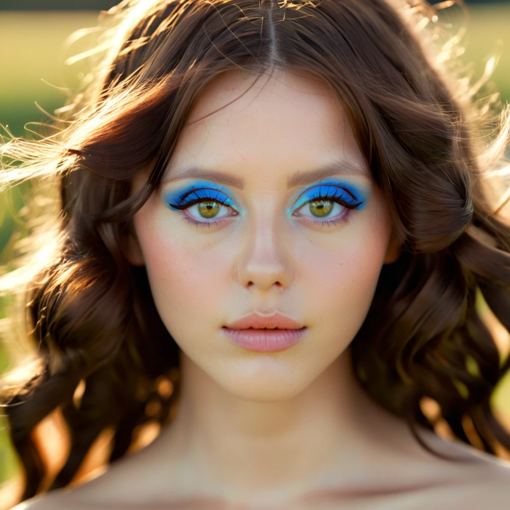 high resolution photo close-up of m1ag0th woman,brown long wavy hair, naked,blue eyeliner,masterpiece,surreal lighting,volumetric lighting,bokeh,depth of field,cinematic,in a field