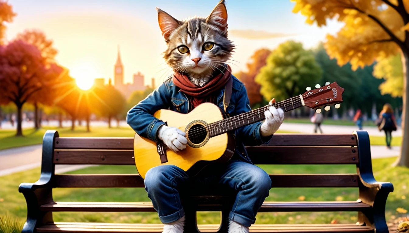 (photo film style), anthropomorphic, sunset, park bench, playing acoustic guitar, cute kitten, relaxing and enjoying music, casual clothing, 2D, colorful, warm atmosphere, glossy, Jean-Baptiste Monge style, Alan Lee style