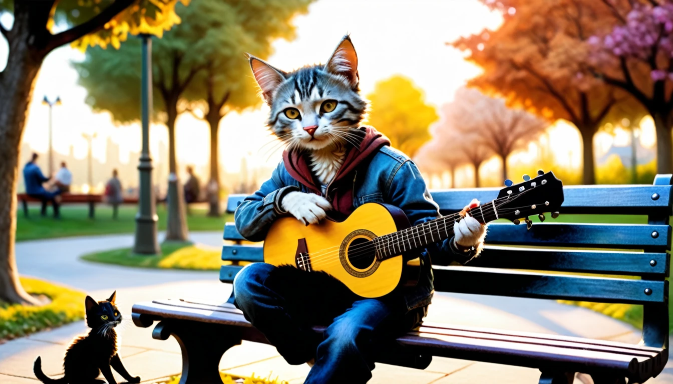 (photo film style), anthropomorphic, sunset, park bench, playing acoustic guitar, cute kitten, relaxing and enjoying music, casual clothing, 2D, colorful, warm atmosphere, glossy, Jean-Baptiste Monge style, Alan Lee style