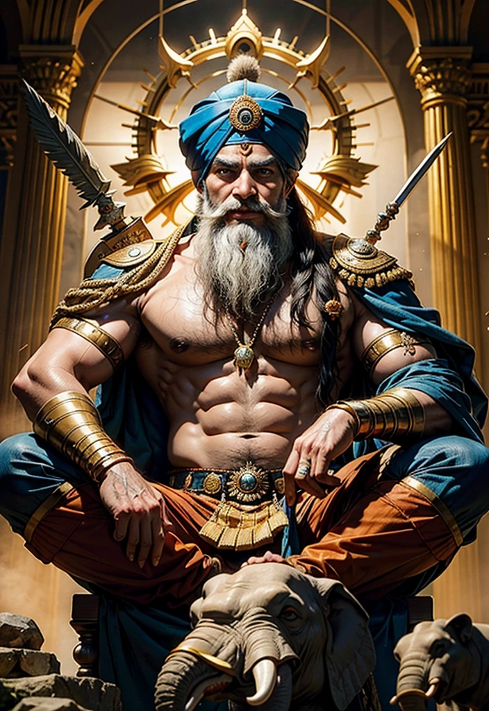 ChatGPT

Create information for ai picture of a demigod called nayak baba who has turban on his head and holding spare in one arm,he is sitting on huge elephant he had muscular body ,he was Indian army genral in 16th century , he is the protector of Chouhan clan ,very kind god for worshipers
ChatGPT
Here's a detailed description for the AI-generated picture of Nayak Baba:

Nayak Baba: The Protector Demigod
Appearance:

Headgear: Nayak Baba wears a grand, intricately designed turban that signifies his noble status and divine heritage.
Pose: He is seated majestically on a colossal, ornately adorned elephant, showcasing his commanding presence and connection with nature.
Weapon: In his right hand, he firmly holds a long, gleaming spear, symbolizing his strength and readiness to protect his people.
Physique: His muscular, well-built body exudes power and resilience, reflecting his prowess as a warrior and protector.
Clothing: He wears traditional 16th-century Indian attire that highlights his status as a revered figure and a military leader.
Background:

Historical Role: Nayak Baba served as a General in the Indian army during the 16th century, showcasing his tactical brilliance and leadership.
Clan Protector: He is the revered protector of the Chouhan clan, always vigilant and ready to defend his people from any threat.
Divine Qualities: As a demigod, Nayak Baba is known for his immense kindness and compassion towards his worshippers, offering them guidance and protection.
Attributes:

Kindness: His face radiates a gentle and compassionate expression, making him a beloved deity among his followers.
Power: The combination of his muscular build, formidable weapon, and the imposing elephant highlights his extraordinary strength and capability as a protector.
This description should guide the creation of a powerful and visually striking AI-generated image of Nayak Baba, capturing both his divine essence and historical significance.