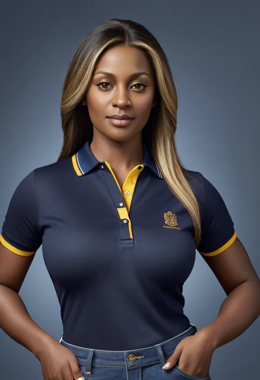 Hyper realistic image of a younger, middle-aged woman, broad shoulders and back, thick thighs, tall, dark skin, black, straight hair with blonde highlights, bulky but fit body, large bust, brown eyes, wearing a polo shirt dark blue with thin yellow stripes on the collar and sleeves and dark jeans tight to his body and working as a postal clerk