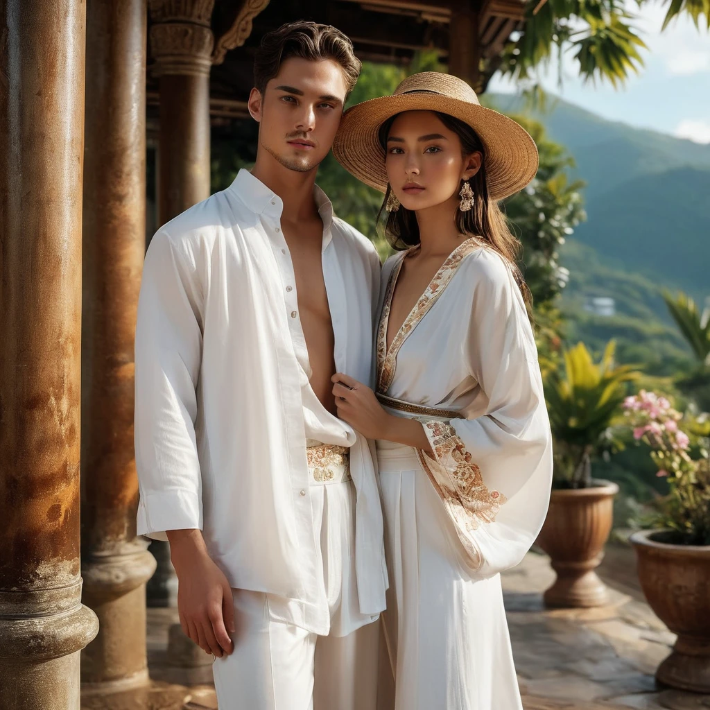 In a picturesque Chiang Mai setting, a good looking young man and woman, both aged 18-25, showcase fashion white outfits inspired by Christian Dior's resort collection, blending local culture and nature in elegant white rayon. Captured in a full-body pose, their presence and the intricate details of the surroundings are emphasized.
The man wears white oversized short-sleeved bowling rayon shirt, paired with relaxed-fit mixed cotton-Rayon sweat shorts, and a beige utility white Yukata. He completes his look with white leather-strap flip-flops, wooden-framed sunglasses, and a woven bracelet.
The woman complements him in a white rayon long maxi dress, and a sleeveless white crop top. Her ensemble includes with wooden button details and a waist tie. She accessorizes with a wide-brimmed straw hat, beaded-strap sandals and necklace.
Photographed with a a Canon EOS R6 with Sigma AF 85mm F1.4 EX DG HSM, utilizing natural light, the image employs shadows to enhance features and add depth to the composition. The careful layering and arrangement of body parts and surrounding objects ensure a flawless composition.
This masterpiece celebrates the beauty of the models and invites viewers to immerse themselves in a world of sophistication and charm. The seductive lighting and intricate details, combined with a dramatic composition, capture the essence of a fun-filled day brimming with joy and relaxation. Attention is meticulously paid to the layers and arrangement of body parts and surrounding objects, ensuring correct body structure and photo distance. The romantic atmosphere, paired with a lively and extremely gorgeous background, completes this captivating scene.