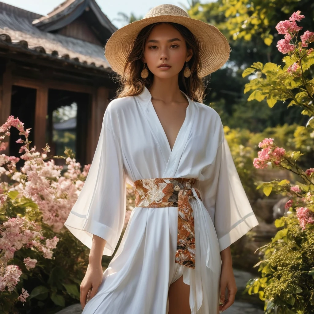 In a picturesque Chiang Mai setting, a good looking young man and woman, both aged 18-25, showcase fashion white outfits inspired by Christian Dior's resort collection, blending local culture and nature in elegant white rayon. Captured in a full-body pose, their presence and the intricate details of the surroundings are emphasized.
The man wears white oversized short-sleeved bowling rayon shirt, paired with relaxed-fit mixed cotton-Rayon sweat shorts, and a beige utility white Yukata. He completes his look with white leather-strap flip-flops, wooden-framed sunglasses, and a woven bracelet.
The woman complements him in a white rayon long maxi dress, and a sleeveless white crop top. Her ensemble includes with wooden button details and a waist tie. She accessorizes with a wide-brimmed straw hat, beaded-strap sandals and necklace.
Photographed with a a Canon EOS R6 with Sigma AF 85mm F1.4 EX DG HSM, utilizing natural light, the image employs shadows to enhance features and add depth to the composition. The careful layering and arrangement of body parts and surrounding objects ensure a flawless composition.
This masterpiece celebrates the beauty of the models and invites viewers to immerse themselves in a world of sophistication and charm. The seductive lighting and intricate details, combined with a dramatic composition, capture the essence of a fun-filled day brimming with joy and relaxation. Attention is meticulously paid to the layers and arrangement of body parts and surrounding objects, ensuring correct body structure and photo distance. The romantic atmosphere, paired with a lively and extremely gorgeous background, completes this captivating scene.