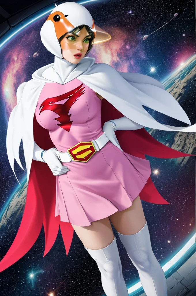 Year_Classic_Jun_Gatchaman_myself, Jun the swan, One girl, Green Eyes, Lip tick, compensate, eyelash, eye shadow, visor, Helmet, Cape, Elbow hand pockets, Knee socks, belt, White gloves, zettai ryouiki, mask, skirt, White legwear, Superhero, leotard, Spacesuit, Pink Dress, white Cape,  pink leotard, pink skirt, Short dress, (extremely detailed CG unity 16k wallpaper:1.1), (Denoising strength: 1.45), (tmasterpiece:1.37),((masterpiece)),((Highest quality)),((High resolution)),((Highly detailed CG Unity 8k wallpaper)),
