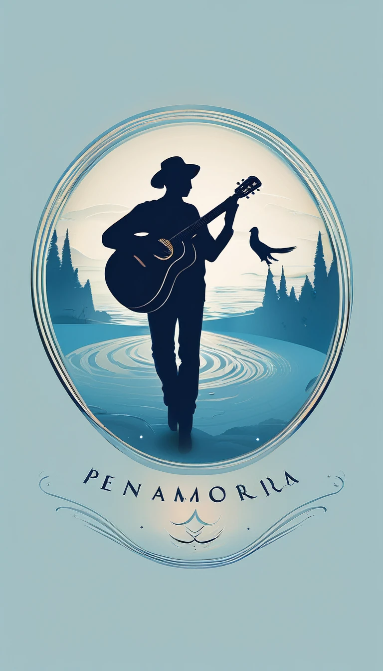 A minimal, modern, simple, cinematic logo design for the brand “Penamemoria". The logo design must be a simple, silhouette of a boy, standing up, playing acoustic guitar and fantasy feather by his side. The logo must convey a sense of music, stories, memories and dreams. Logo design impressed on a book cover. Minimalistic logo. Light blue, soft white and light golden as colors for the logo design