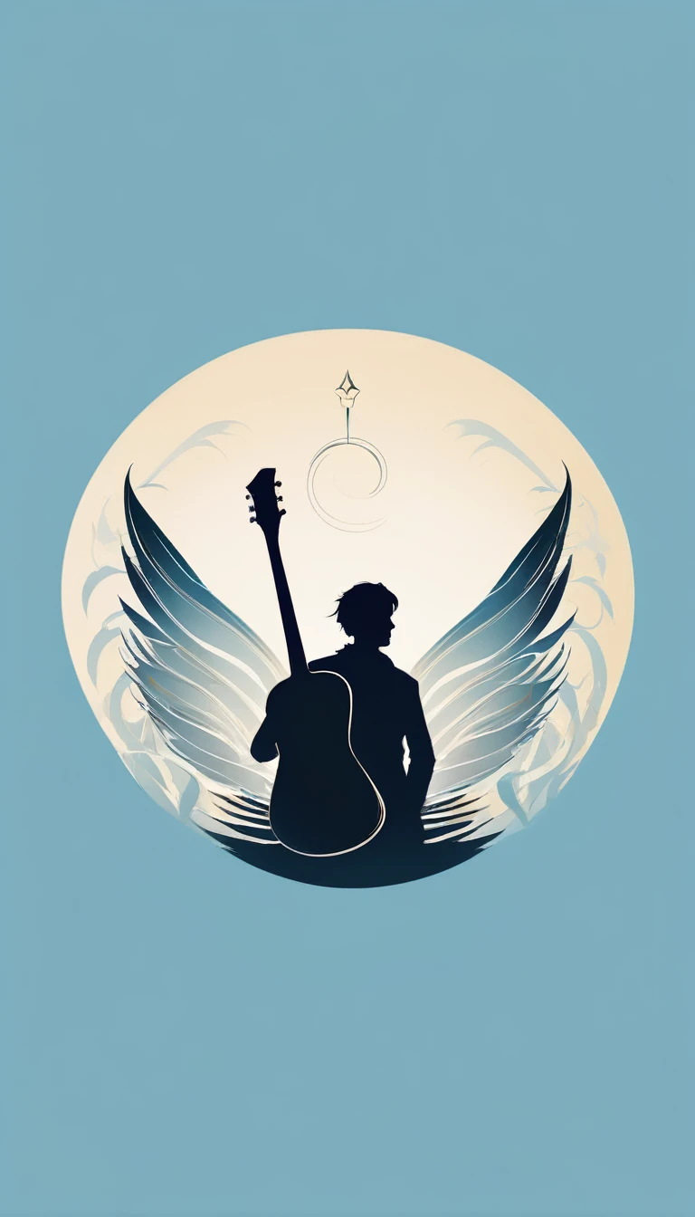 A minimal, modern, simple, cinematic logo design for the brand “Penamemoria". The logo design must be a simple, silhouette of a boy, standing up, playing acoustic guitar and fantasy feather by his side. The logo must convey a sense of music, stories, memories and dreams. Logo design impressed on a book cover. Minimalistic logo. Light blue, soft white and light golden as colors for the logo design