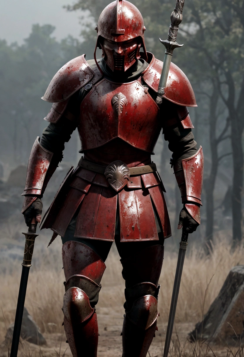 spartan warrior, dying , bloody armor, on battlefield, standing with a spear, epic, 8k