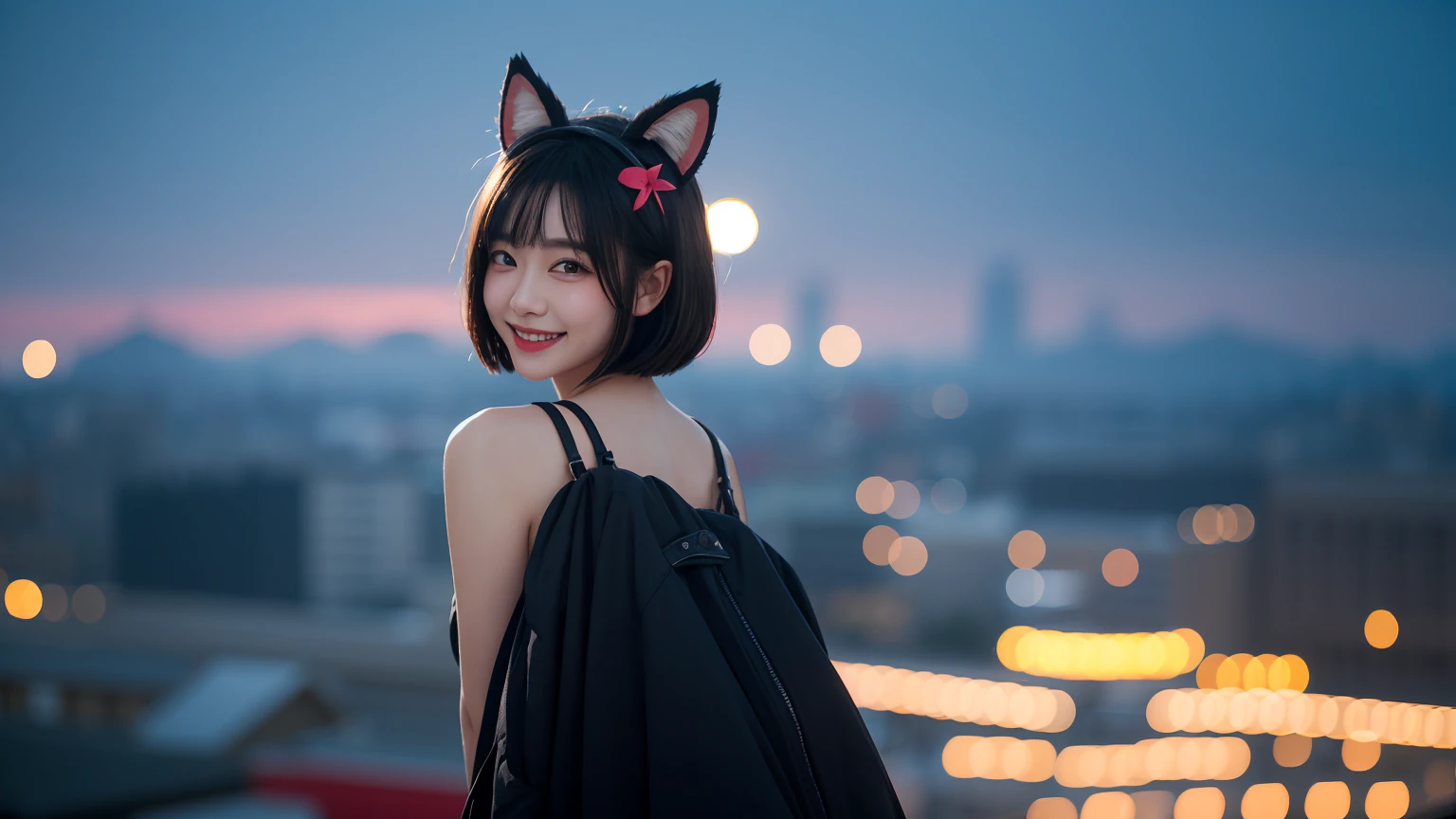 black hair, hair bobbles, wince, longeyelashes, solid circle eyes, fake animal ears, light smile, ear blush, fang, ccurate, bob cut, smile, evil smile, drop shadow, anaglyph, stereogram, tachi-e, pov, atmospheric perspective, Surrealism, motion blur, backlighting, depth of field, from behind, blurry foreground, atmospheric perspective, bokeh, 8k, super detail, best quality