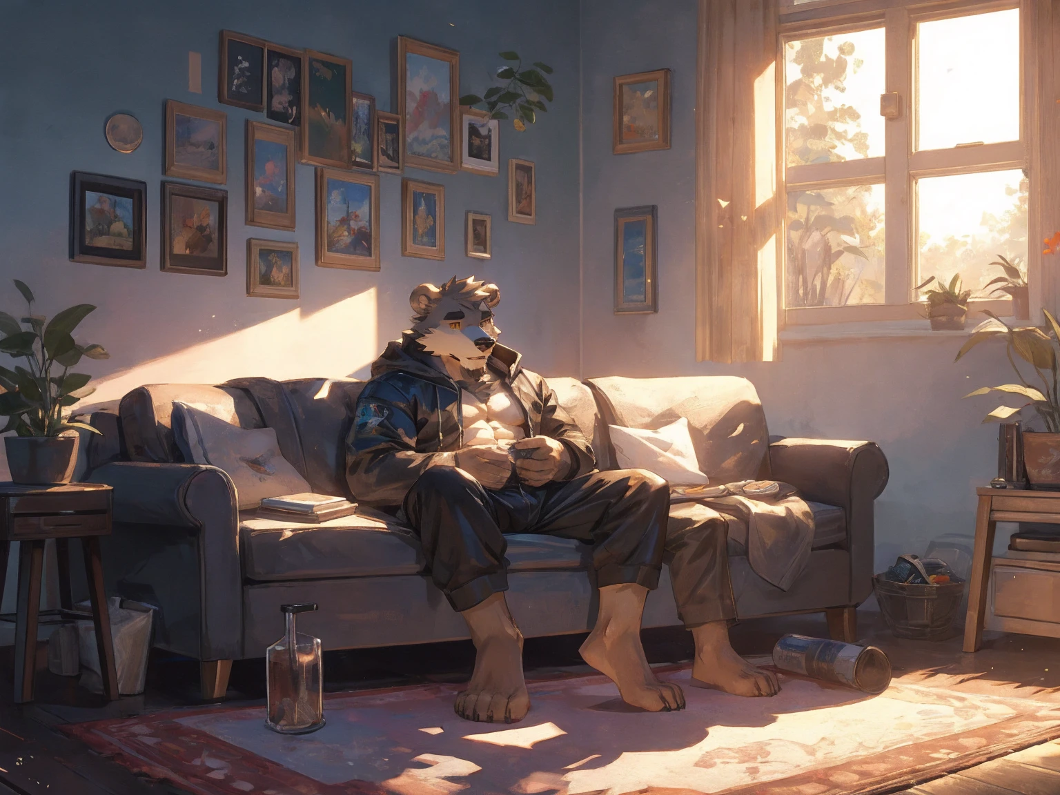 (masterpiece:1.2), best quality,pixiv,official art,perfect anatomy, (Ray tracing, light),solo, (1_male:1.3) , (muscle), (grey fur:1.4), (muscle bear), (beard:1.2), (gleaming golden eyes), bear tail, Thick black eyebrows, (open hooded parka) , (naked inside:1.2), cargo shorts, barefoot , (morden apartment: 1.3), french window, indoor , fur carpet , cushion , rest on sofa