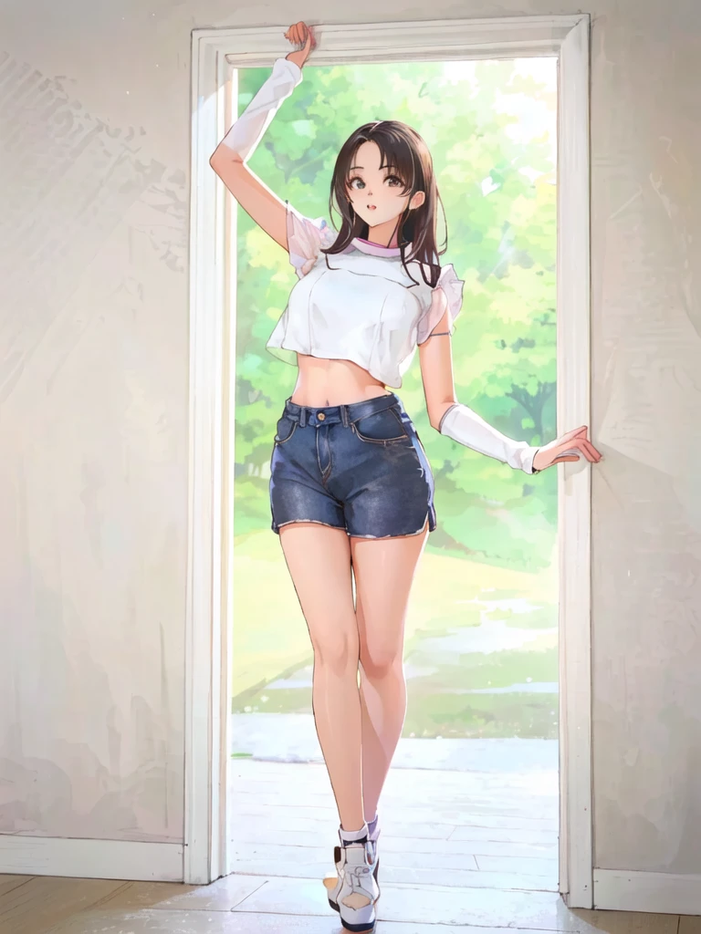 there is a woman that is standing in a doorway with her arms out, photo of slim girl model, sexy girl wearing shorts, pretty face with arms and legs, korean women's fashion model, gorgeous young korean woman, full body cute young lady, 2 4 year old female model, skinny waist and thick hips, beautiful young korean woman, with backdrop of natural light