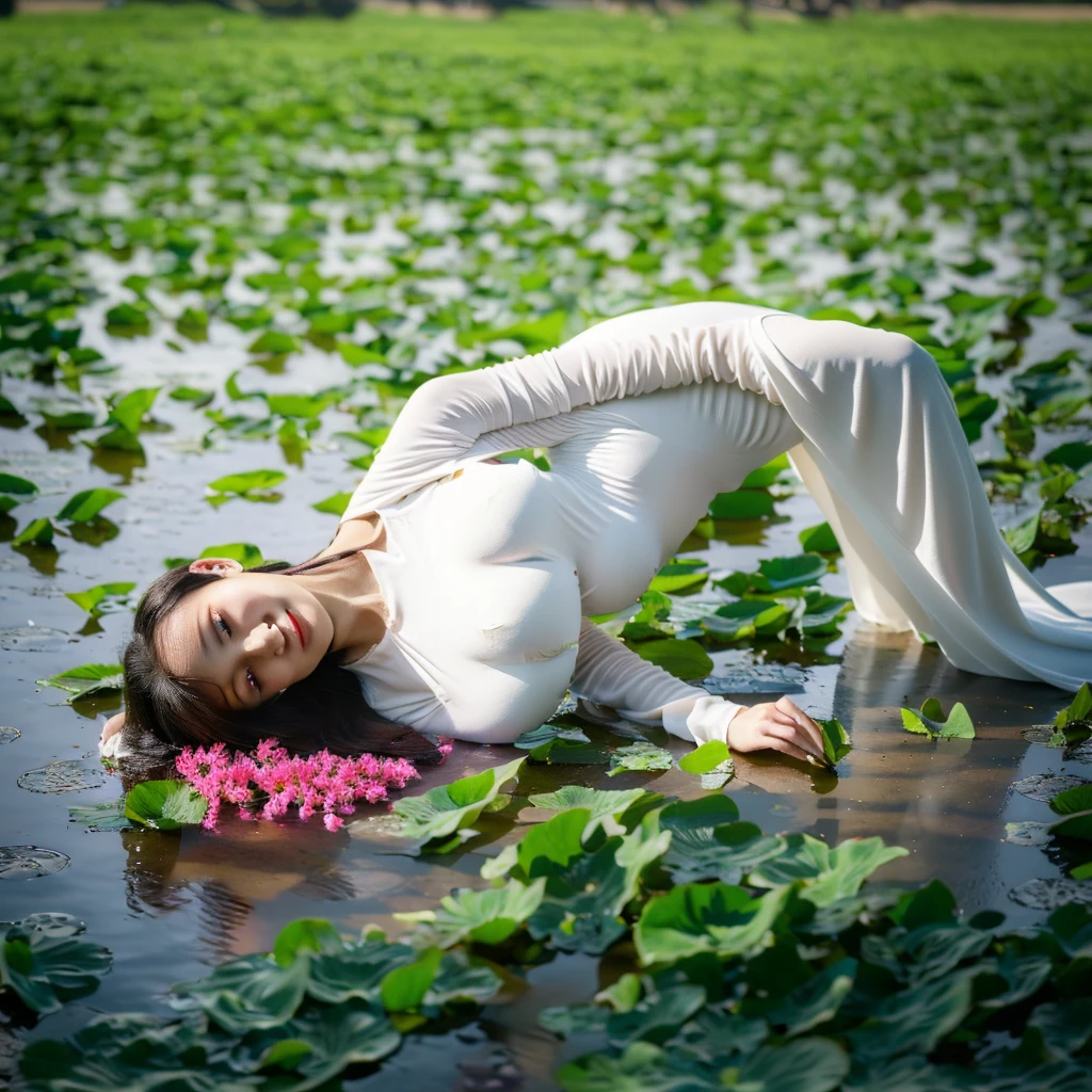 big breasts, round breasts, wearing bra inside ao dai, slim figure, beautiful figure, big breasts, ponytail, sharp 8k quality photo, ((beautiful, sharp, balanced face details) for )), ((beautiful breasts, exposed cleavage, plump body), ((beautiful sparkling eyes, sharp eye details, beautiful face)), sitting in the middle of rice fields, ((super beautiful body with high details , tight body, wide chest, slim waist)), ((thin cleavage, round breasts))