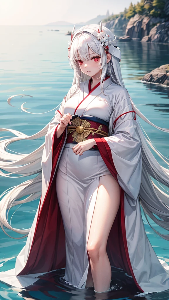 Women, white kimono,in a lake, long white hair, voluptuous body,Red eyes, annoyed