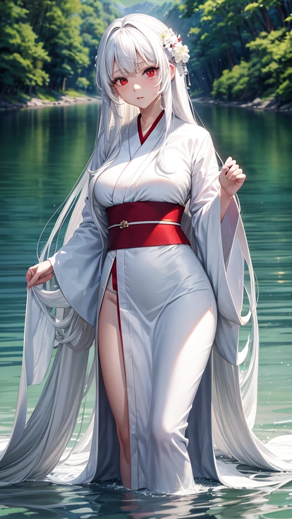 Women, white kimono,in a lake, long white hair, voluptuous body,Red eyes, annoyed