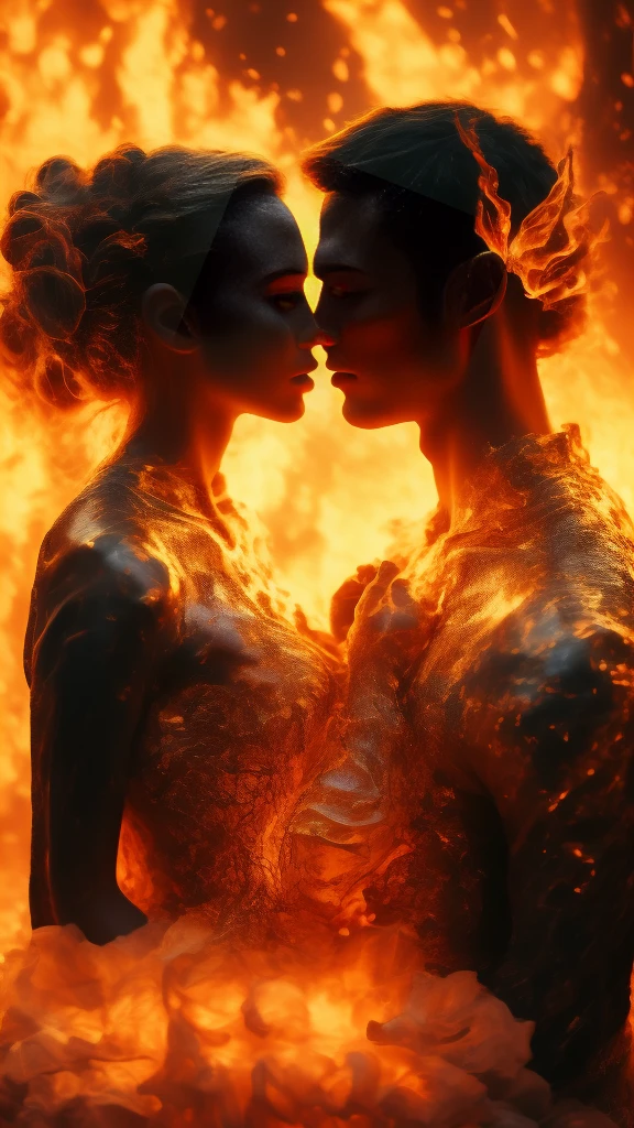 masterpiece，best quality，Extremely detailed，high resolution，1 romantic couple，flame，Dynamic Scene Scale 1.3，Romantic couple kissing in the fire，Firestorm，on fire，Bizarre fantasy image，Excellent skin texture，Magic Circle，Casting a Spell，strange，紫色strength，strength，fiery，meteor。