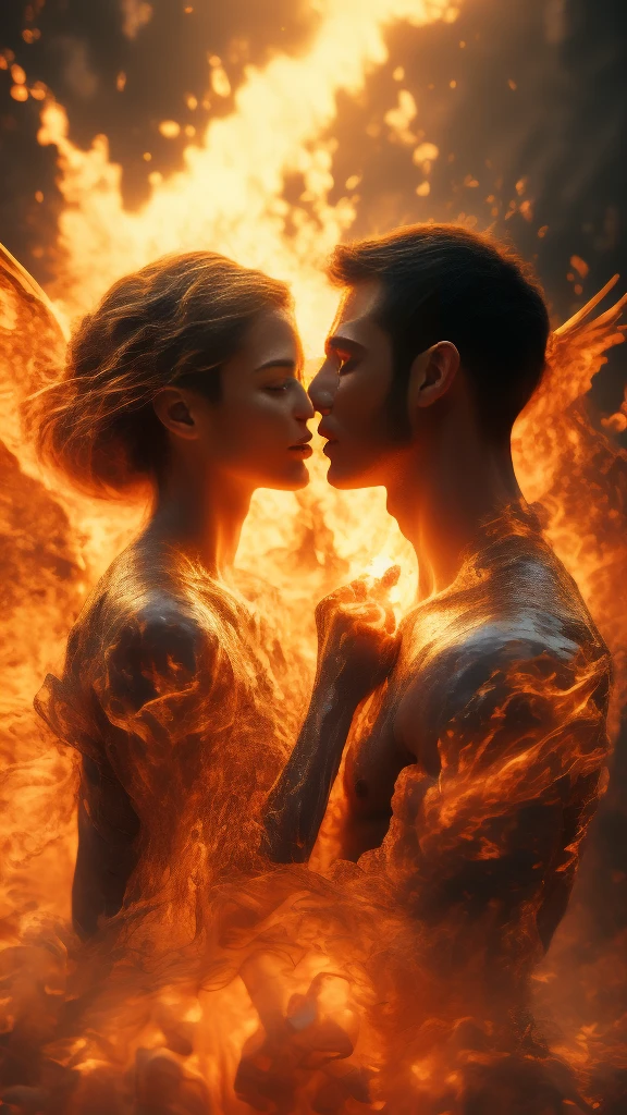 masterpiece，best quality，Extremely detailed，high resolution，1 romantic couple，flame，Dynamic Scene Scale 1.3，Romantic couple kissing in the fire，Firestorm，on fire，Bizarre fantasy image，Excellent skin texture，Magic Circle，Casting a Spell，strange，紫色strength，strength，fiery，meteor。