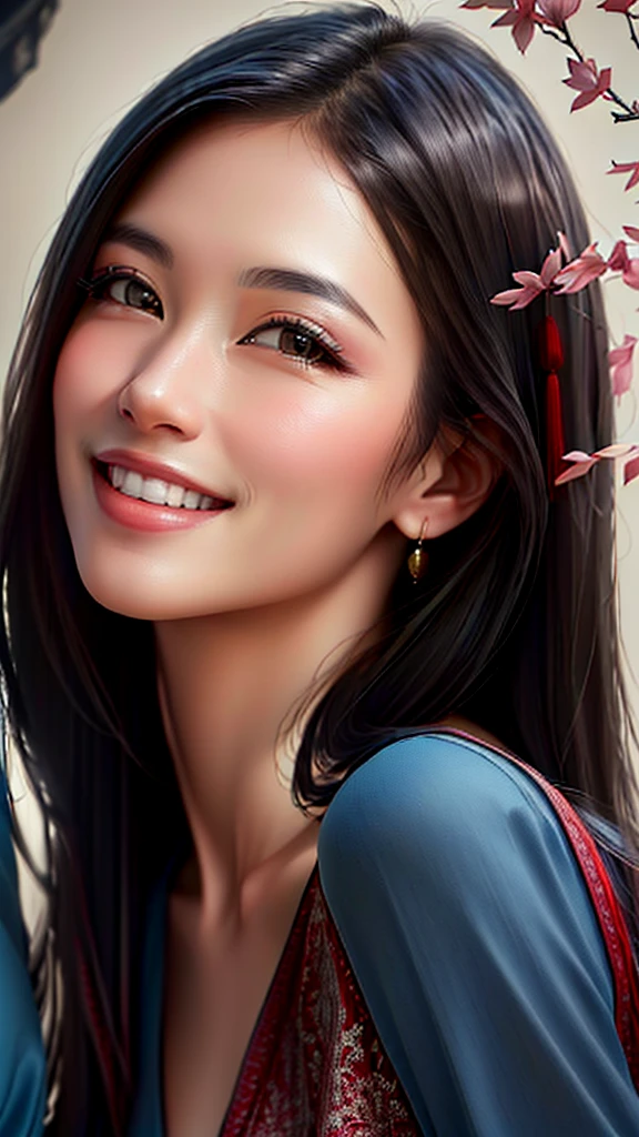 A woman in her fifties with long hair and a blue dress poses for a photo, Gorgeous Chinese Model, Beautiful and smiling, Chinese Girl, Beautiful Asian Faces, Chinese women, Beautiful Korean Women, Beautiful smile, Beautiful young Korean woman, Cute smile, Young and pretty Asian face, Beautiful Asian Woman, Cover photo: Portrait of Du Jouin, Smiling Kindly