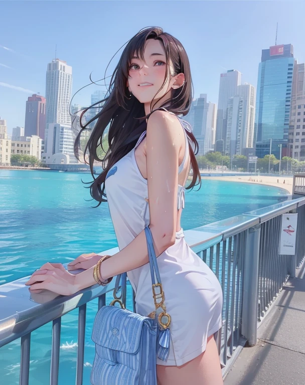 girl, Sweat, vapor, Center of chest, shy, Great hands, Looking at the audience, Cute Smile