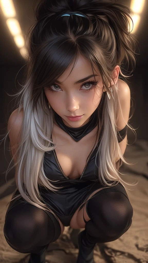 (masterpiece, best quality) solo, 1girl, 1girl,solo, extremely small breasts, cowboy shot, outfit-km, short hair, white hair, red eyes, hair ribbon, ribbon, earrings, smile, silver hair, squatting, sweat, wet skin, abs, muscular, pov, view from above, steaming body, flexing muscles, dynamic pose, purple dress, pelvic curtain, elbow gloves, purple thighhighs, dark background, smol body