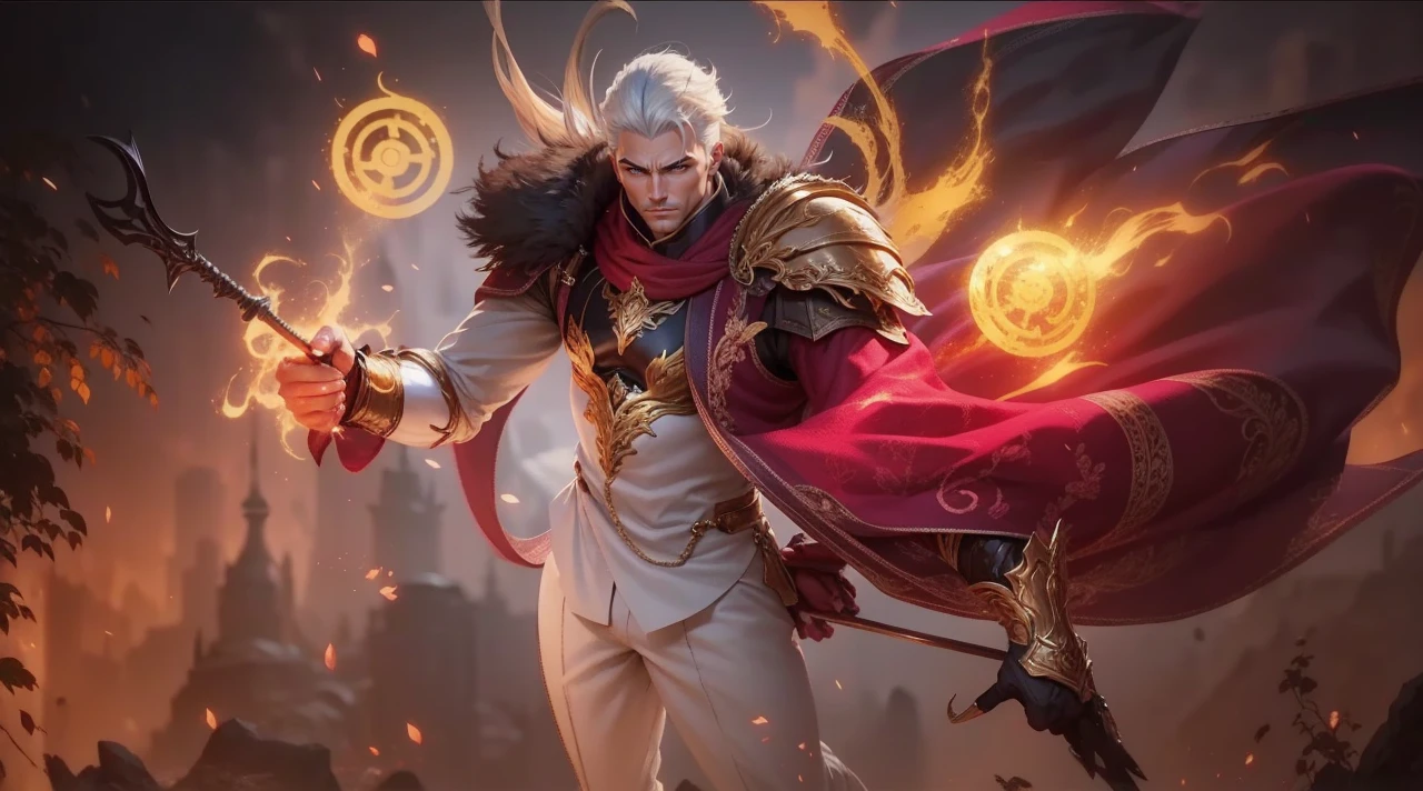 Male Character Archer Fantasy Action Background Pose Fantasy Face Action Serious Armor Golden Arch Character Long Arch with Height of 1,90m com olhos pretos e marcas cabelo vermelho sem nada nas costas tirar tudo do fundo flecha de fogo
