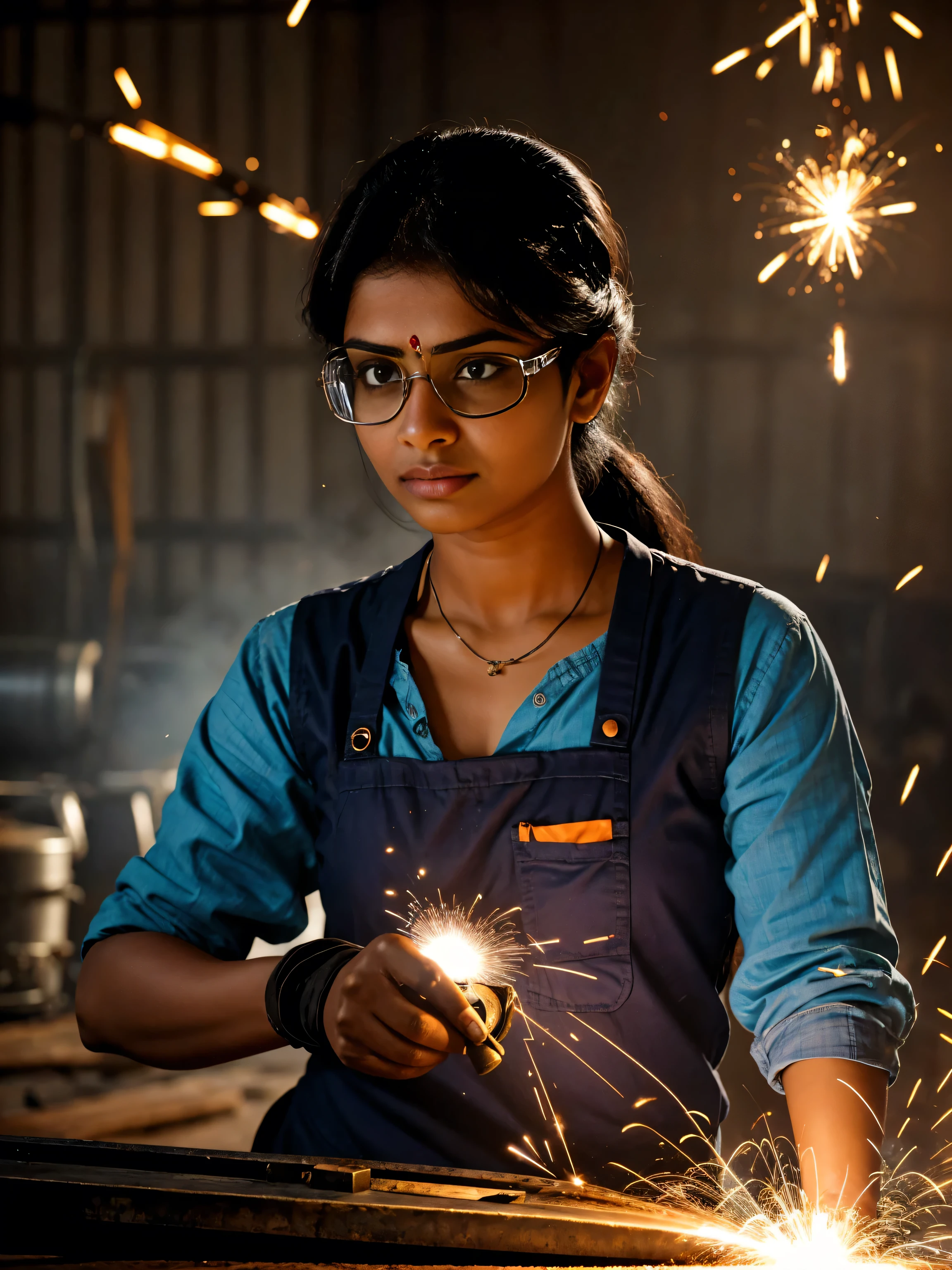 An indian woman with safety goggles and a welding something, sparks flying, her face determined and focused.