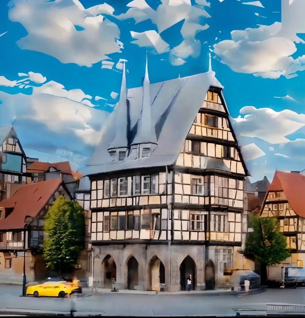 A medieval town square in Alsfeld, Germany, cobblestone streets, half-timbered buildings, colorful flower boxes, warm sunlight, a fountain in the center, people walking, old-world charm, (best quality,4k,8k,highres,masterpiece:1.2),ultra-detailed,(realistic,photorealistic,photo-realistic:1.37),intricate architecture, historic ambiance, picturesque landscape, vivid colors, natural lighting, cinematic composition