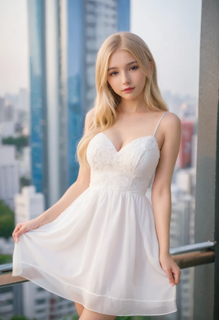 A girl,16 year old,european countryside,blonde,bangs bangs,pretty face,thick muscular arms,relax,dress