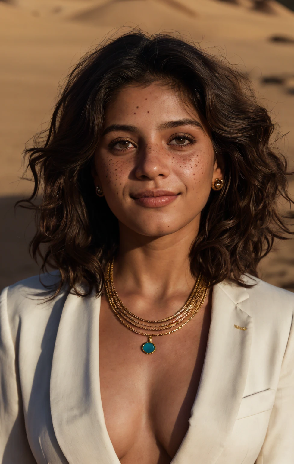 (Close-up, editorial photograph of a 20 year old woman), (highly detailed face:1.4) (smile:0.7) (background inside dark, moody, private study:1.3) POV, by lee jeffries, nikon d850, film stock photograph ,4 kodak portra 400 ,camera f1.6 lens ,rich colors, hyper realistic ,lifelike texture, dramatic lighting , cinestill 800, wavy hair, messy hair, Mischievous smirk, Black hair, freckles, Brown Eyes, jewels, necklace, White Suit (Amahl Farouk style), Astral Plane, Black Round Sunglasses, Sun, Sand, Desert, Arabian expressions, Egyptian woman, Arabian skin, Golden Aura, shadow queen