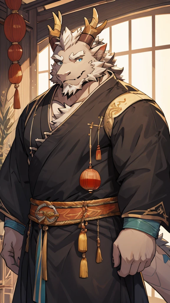 (white eastern dragon),furry,white mustache,big pecs,hearty males,muscular,black imperial robe,adult,traditional_chinese_room，head portrait