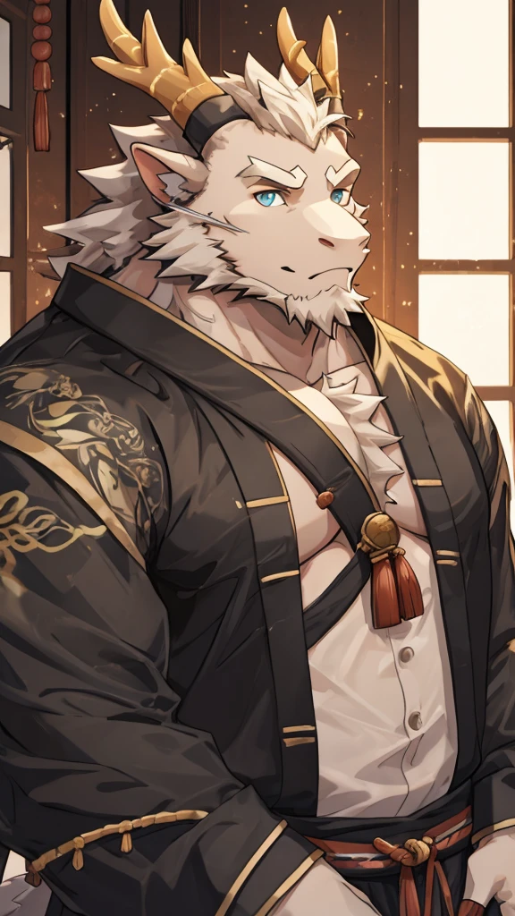 (white eastern dragon),furry,white mustache,big pecs,hearty males,muscular,black imperial robe,adult,traditional_chinese_room,head portrait