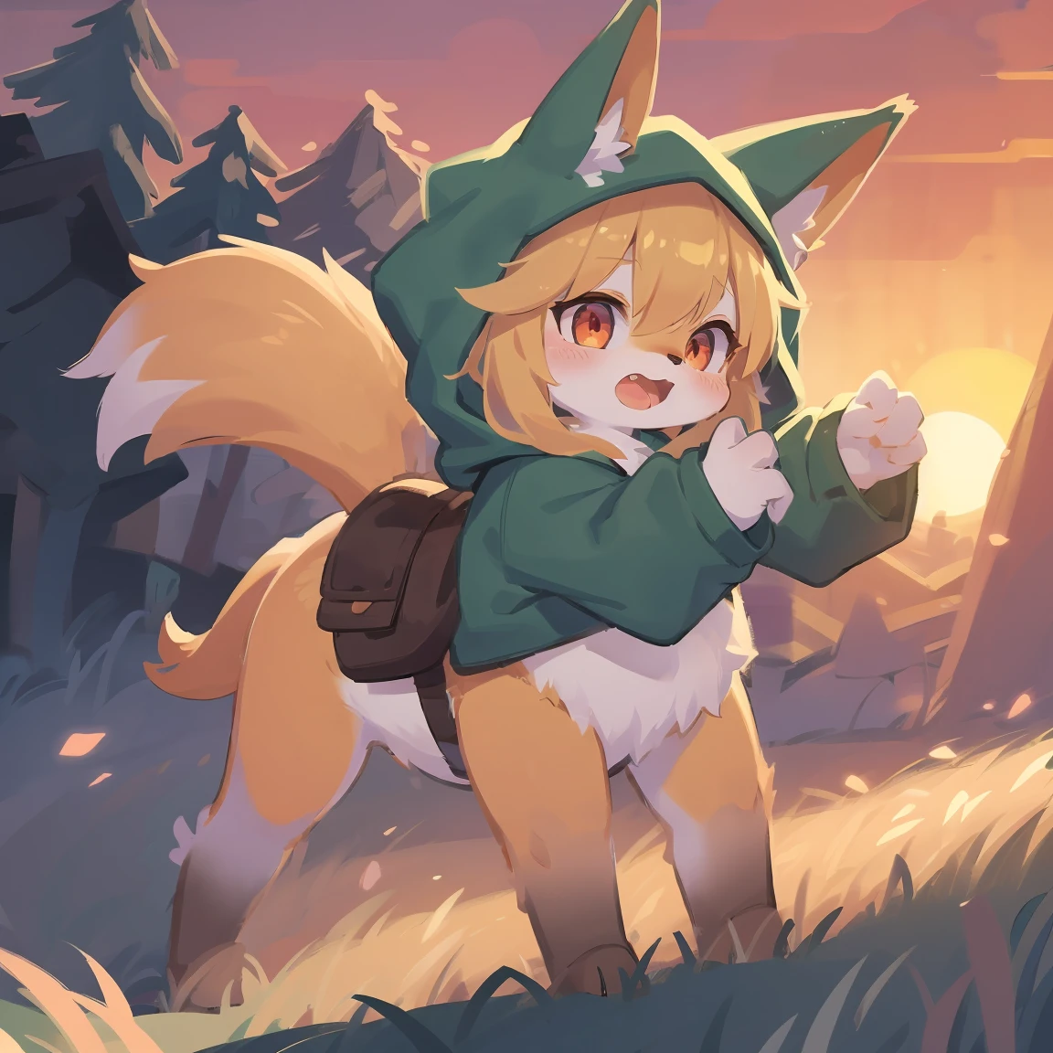 the fox, , was hairy, shaggy, skin fur, smooth lashes, golden fur, forelimb hands, straight long blonde hair, solid circle eyes, golden ears, golden fur, golden facial fur, shiny hair, red eyes, super cute face, 1fox tail, fluffy tail, furry tail, glowing eyes, green coat green hood down, brown trousers, riding horse, open mouth, embarrassed, ambient light, ultra-fine fur, dashed eyes, full body, masterpiece, high quality, high-details, best quality, wide short, (((solo))), twilight, sun light, red sky, rim light