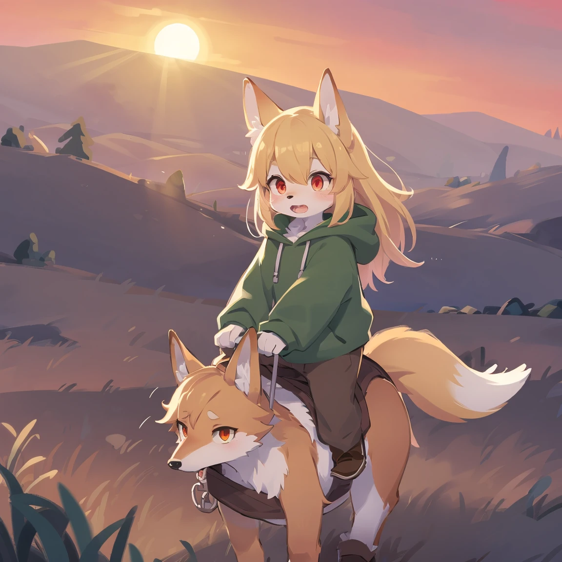 loli the fox, , was hairy, shaggy, skin fur, smooth lashes, golden fur, forelimb hands, straight long blonde hair, solid circle eyes, golden ears, golden fur, golden facial fur, shiny hair, red eyes, super cute face, 1fox tail, fluffy tail, furry tail, glowing eyes, green coat green hood down, brown trousers, riding horse, open mouth, embarrassed, ambient light, ultra-fine fur, dashed eyes, full body, masterpiece, high quality, high-details, best quality, wide short, (((solo))), twilight, sun light, red sky, rim light