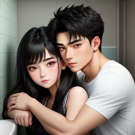 Couple hug scene in toilet face-to-face
20-year-old boy and 18-year-old girl, Detailed face, Detailed eyes, double eyelid,, Handsome-cool-warm-boy with black hair and hot-seductive-sexy-cute-beautiful-girl with black hair and blushing face. Intimate vibes.