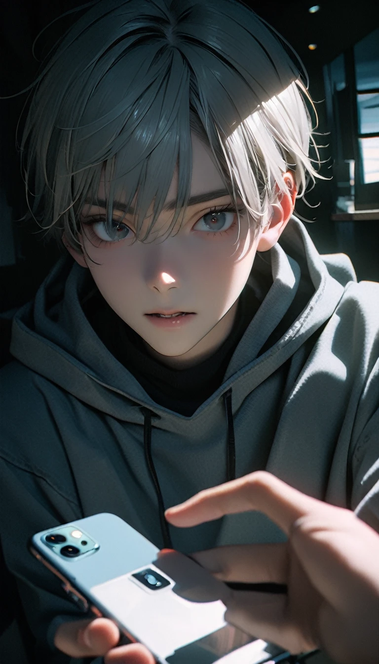(8K, RAW photos, best quality, masterpiece: 1.4), (((The boy looked at his phone)))，Ultra-high resolution, Extremely detailed, light, Mobile phone close-up, handsome boy, black eyes, (delicate eyes, Eyes are bright:1.2), Gray short hair, Fair skin,dark, Grey sweatshirt, sweatshirt with hood,(perfect anatomy:1.2), High-quality shadows, Natural Lighting, (White highlights:1.2), night, cloudy day, (at home:1.2), (Clock zero on mobile phone:1.2)