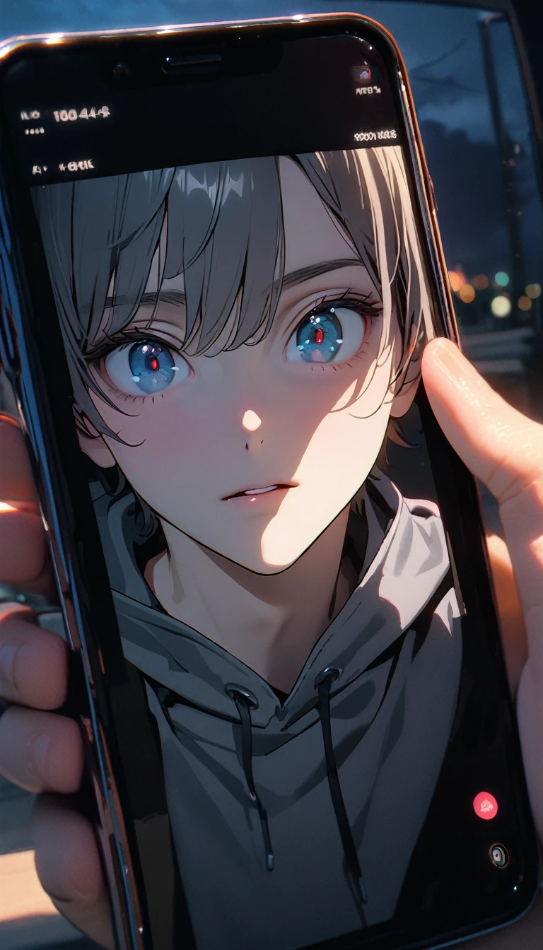 (8K, RAW photos, best quality, masterpiece: 1.4), (((The boy looked at his phone)))，Ultra-high resolution, Extremely detailed, light, Mobile phone close-up, handsome boy, black eyes, (delicate eyes, Eyes are bright:1.2), Gray short hair, Fair skin,dark, Grey sweatshirt, sweatshirt with hood,(perfect anatomy:1.2), High-quality shadows, Natural Lighting, (White highlights:1.2), night, cloudy day, (at home:1.2), (Clock zero on mobile phone:1.2)