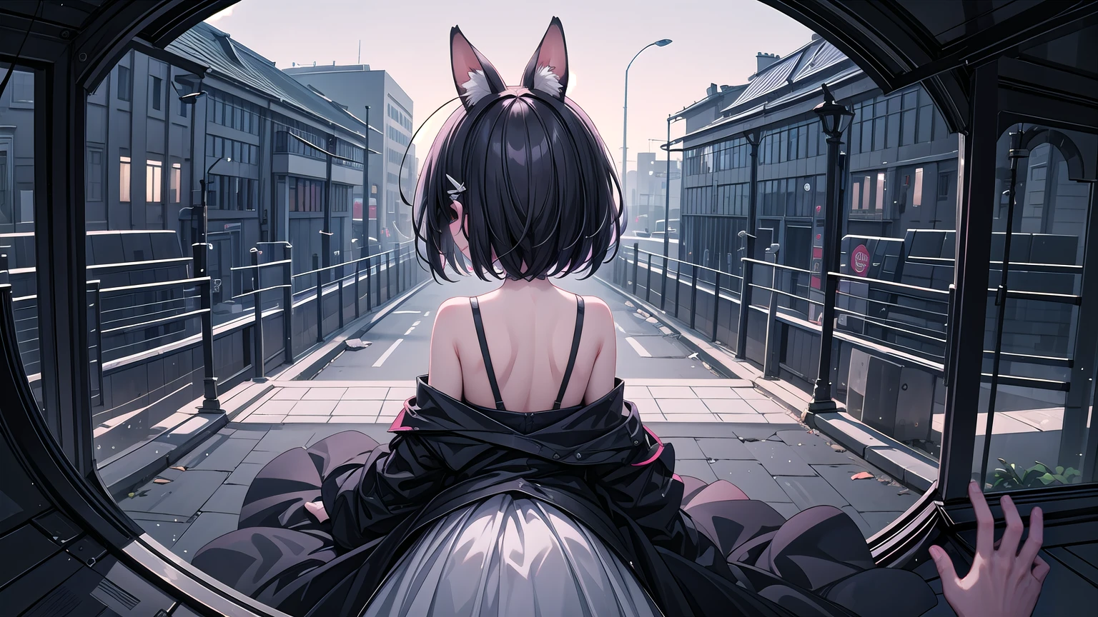 Anime girl in futuristic mecha armor costume holding headphones, Cute cyborg girl, Digital Cyberpunk Anime Art, Girl in Mecha Cyber Armor, cyberpunk beautiful girl,((Tons of accessories))、The wind is blowing、Well-formed face、Girl Naked、barechested、((Nothing is worn))、fullnude、Naked 、fullnude、８Head and body、a small face、A slender、Very skinny、skinny、tiny chest,Ribs、discreet breasts、Smaller chest、small tits、beauty legs、Constricted waist、dented belly、Model body type、Beautiful hair、Backgrounds that look like real photos、(((street)))、outside of house、(Sex slaves)、(Thigh strap for only one leg)、Happy face、(((Wear a dog collar)))、((Clear is female))、fullnude、((The view is amazing.))、Showing to a very large audience、(((Wearing an insertion-type cat tail in the anus)))、1、Clitoral chain