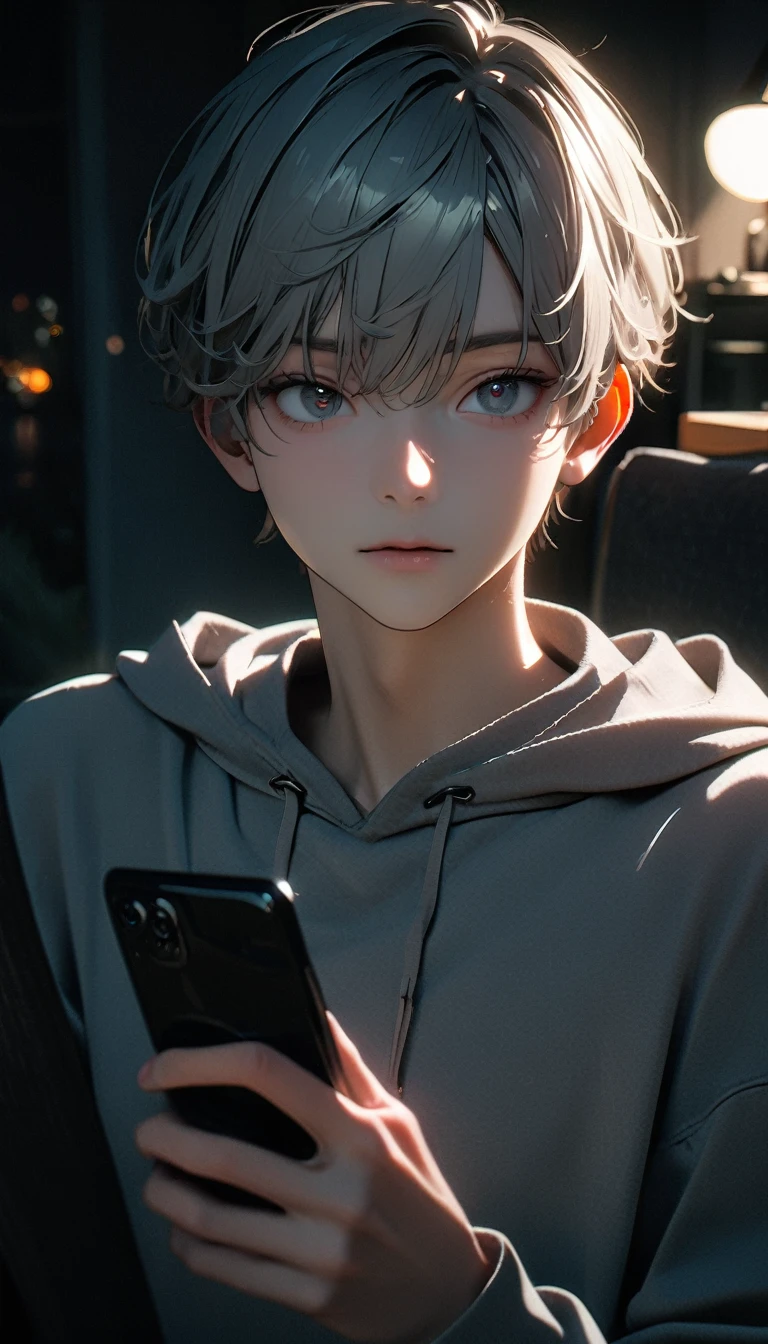 (8K, RAW photos, best quality, masterpiece: 1.4), (((The boy looked at his phone)))，Ultra-high resolution, Extremely detailed, light, Mobile phone close-up, handsome boy, black eyes, (delicate eyes, Eyes are bright:1.2), Gray short hair, Fair skin,dark, Grey sweatshirt, sweatshirt with hood,(perfect anatomy:1.2), High-quality shadows, Natural Lighting, (White highlights:1.2), night, cloudy day, (at home:1.2), (Clock zero on mobile phone:1.2)