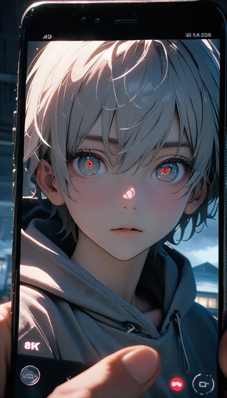 (8K, RAW photos, best quality, masterpiece: 1.4), (((The boy looked at his phone))),Ultra-high resolution, Extremely detailed, light, Mobile phone close-up, handsome boy, black eyes, (delicate eyes, Eyes are bright:1.2), Gray short hair, Fair skin,dark, Grey sweatshirt, sweatshirt with hood,(perfect anatomy:1.2), High-quality shadows, Natural Lighting, (White highlights:1.2), night, cloudy day, (at home:1.2), (Clock zero on mobile phone:1.2)