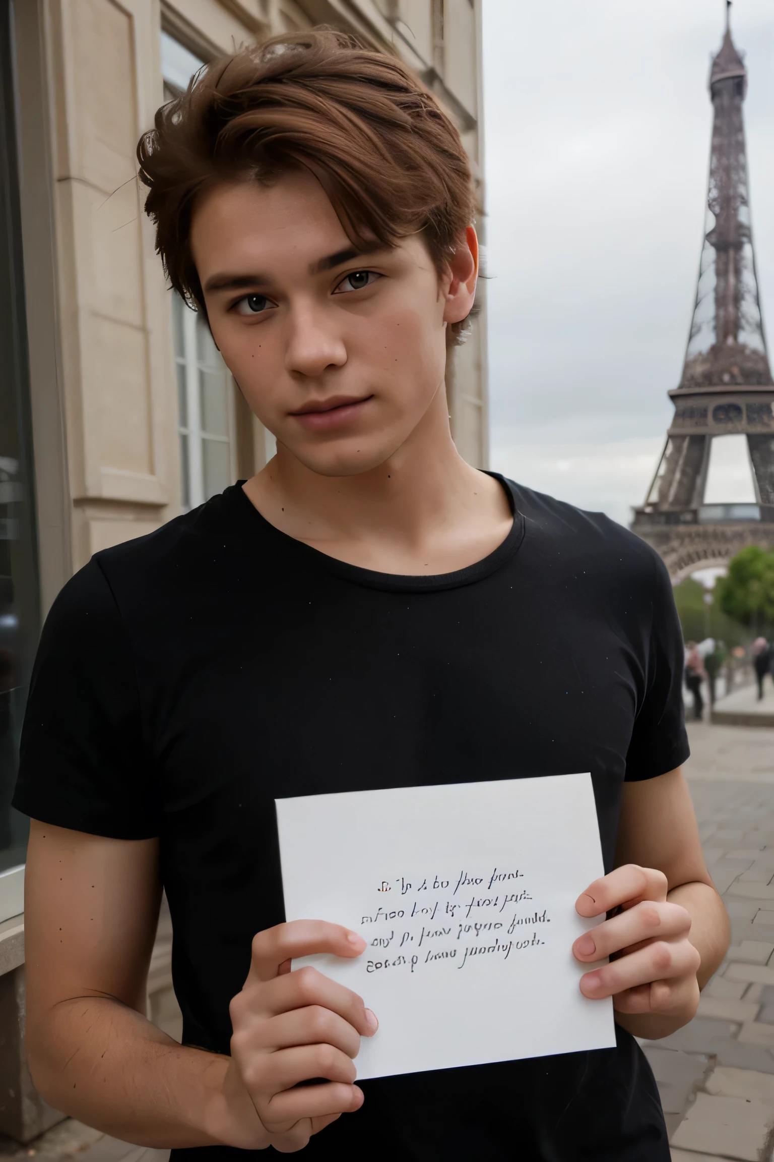 a handsome red-haired guy who is 17 years old in Paris against the backdrop of the Eiffel Tower holds a small piece of paper on which the text love you is written