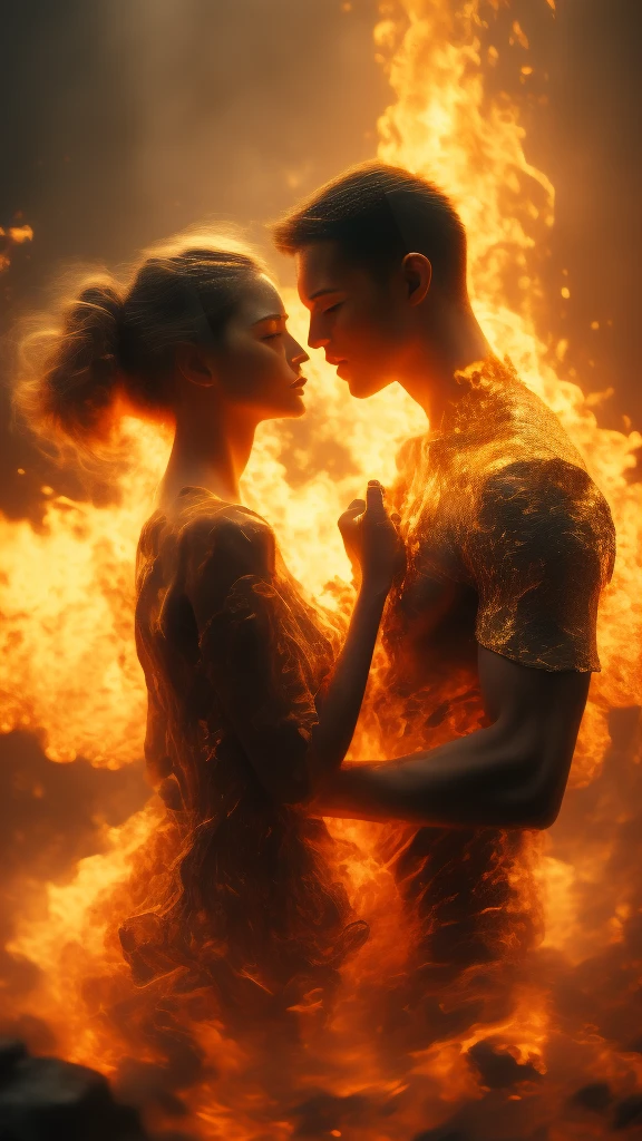 masterpiece，best quality，Extremely detailed，high resolution，1 romantic couple，flame，Dynamic Scene Scale 1.3，Romantic couple kissing in the fire，Firestorm，on fire，Bizarre fantasy image，Excellent skin texture，Magic Circle，Casting a Spell，strange，紫色strength，strength，fiery，meteor。